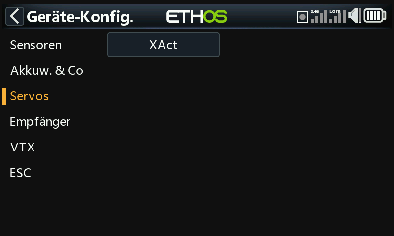 Ethos Systemmenü -> Geräte-Konfig. -> Servos mit dem installierten Lua-Tool „XAct“.