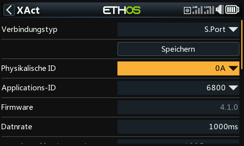 Ethos XAct Gerätekonfiguration – Physikalische ID (Hex) und S.Port/FBUS Verbindung.