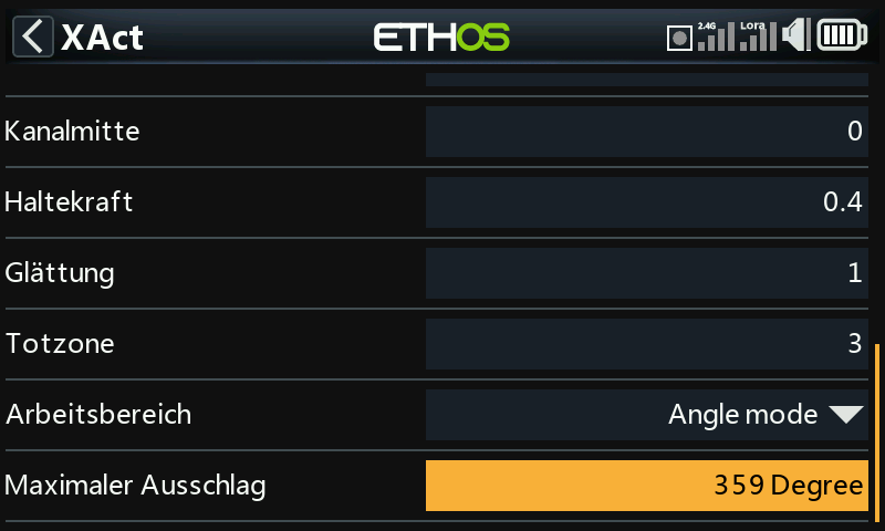 Ethos XAct Feinabstimmung – Haltekraft, Filterglättung, Totzone und Arbeitsbereich.