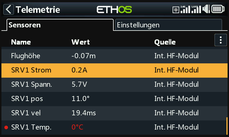 Automatisch erkannte Servo-Sensoren in der Ethos Telemetrie-Übersicht.