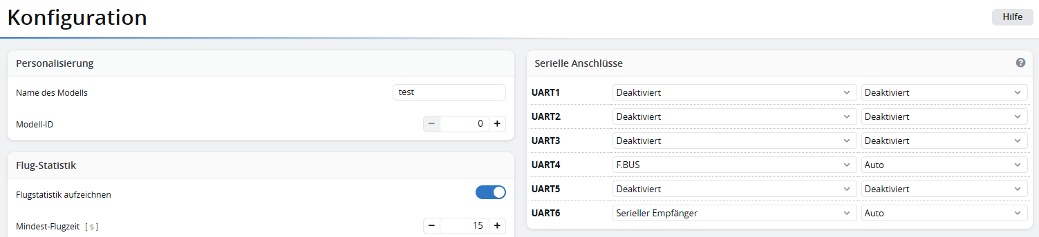 Rotorflight Configurator -> Konfiguration -> Serielle Anschlüsse: UART4 auf F.BUS für die Servos an Port A.