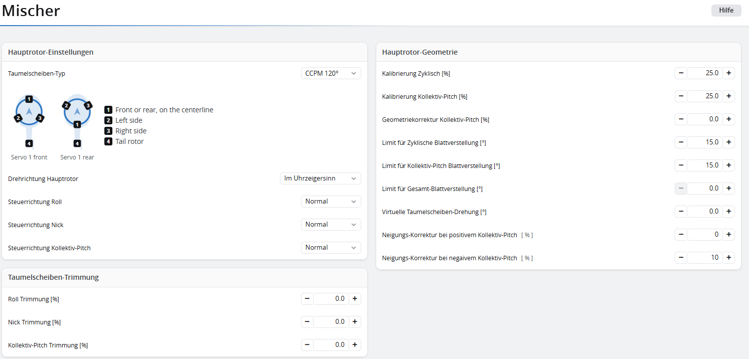 Rotorflight Configurator -> Tab Mischer: CCPM 120° Taumelscheiben-Geometrie und Geometrie-Kalibrierung.
