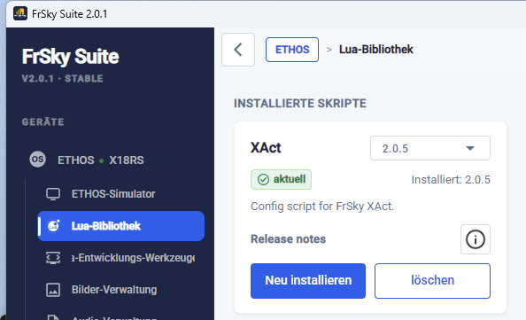 FrSky Suite 2.0.1 – Installation des offiziellen Lua-Konfigurationsskripts „XAct“ (v2.0.5) über die Lua library.